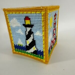 Vintage Handmade Needlepoint Plastic Canvas Tissue Box‎ Cover LIGHTHOUSE